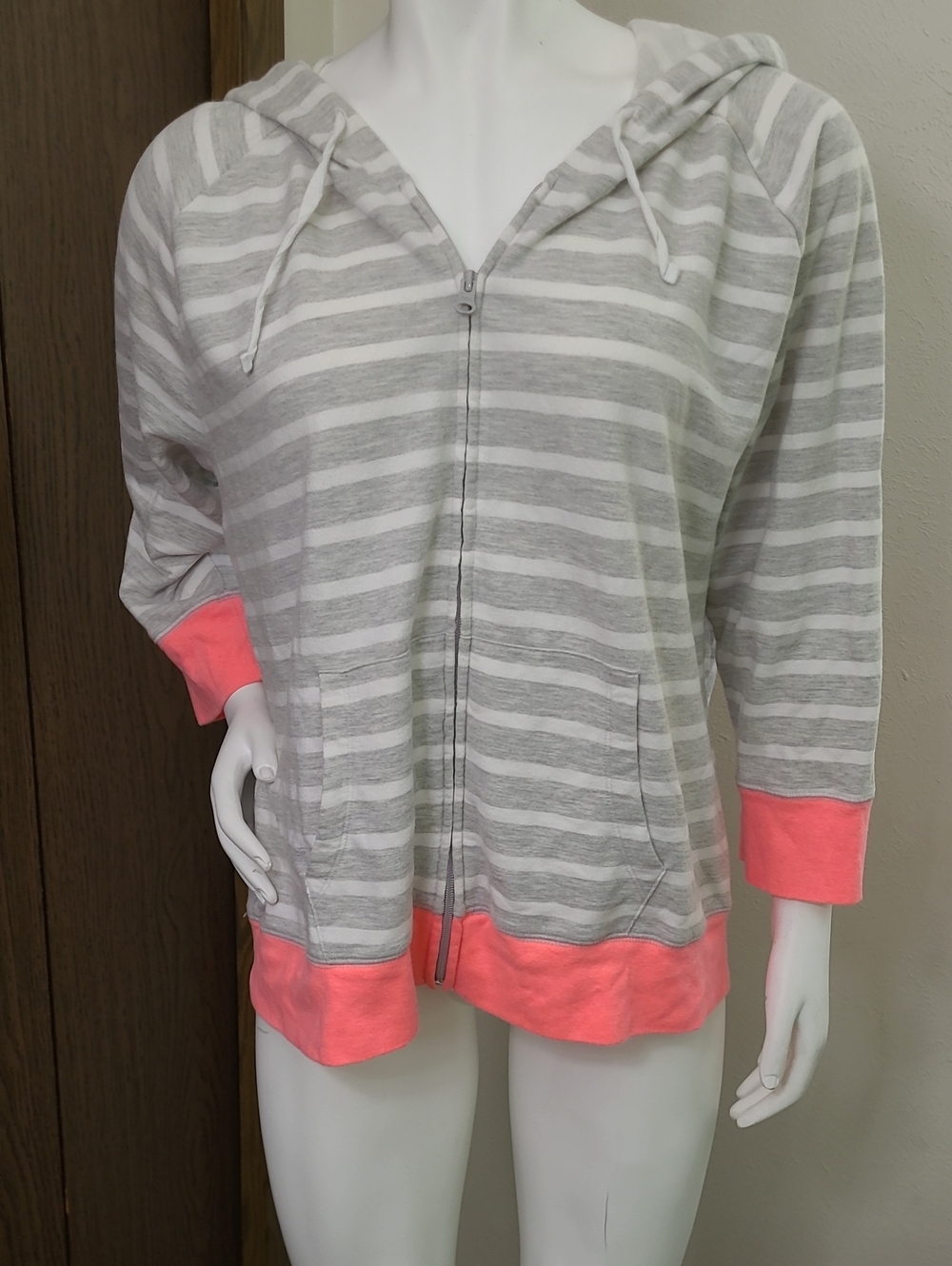 GAP Women's Gray and White Striped Zip Hoodie with Coral Accents